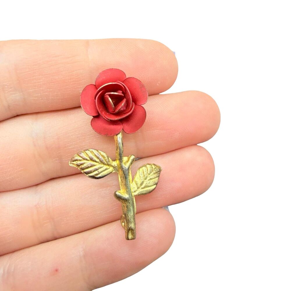 Vintage Rose Brooch Red Flower Pin